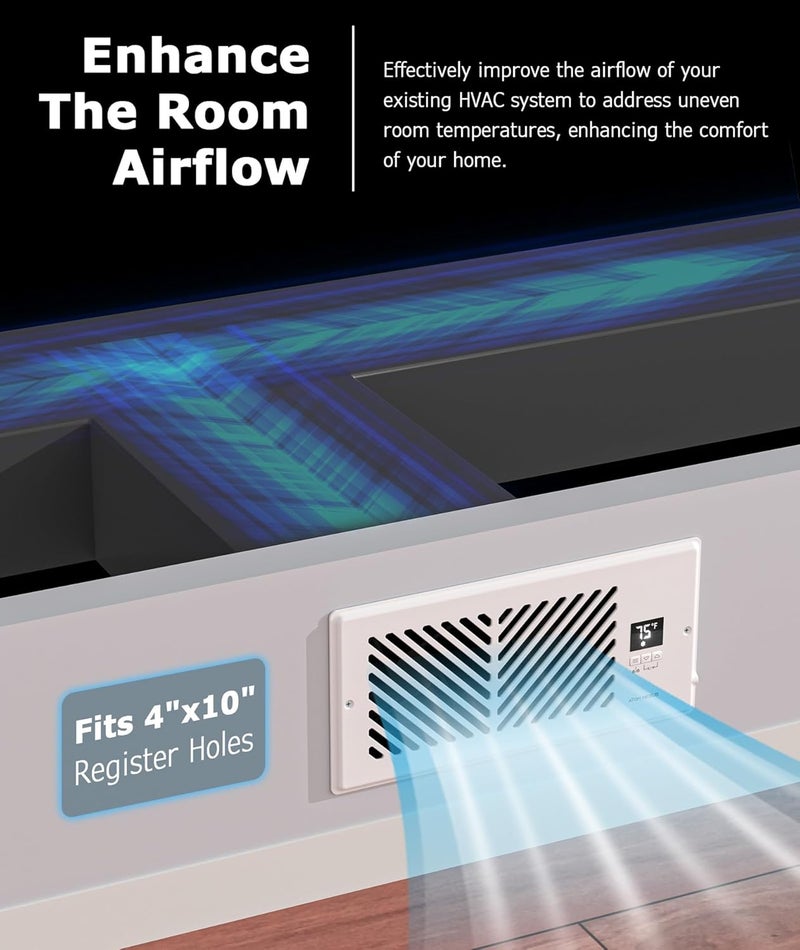 ATOM NEXUS Quiet Register Booster Fan Fits 4”x10” Register Holes, Smart Vent Booster Fan with Thermostat & Remote Control, 10-Speed Control Heating Cooling AC Vent (White) - Image 5